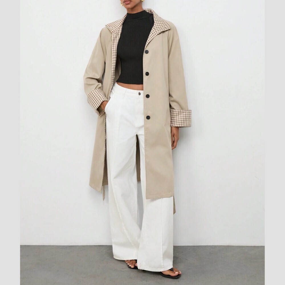 Tan Plaid Contrast Collar Belted Knee Length Trench Coat